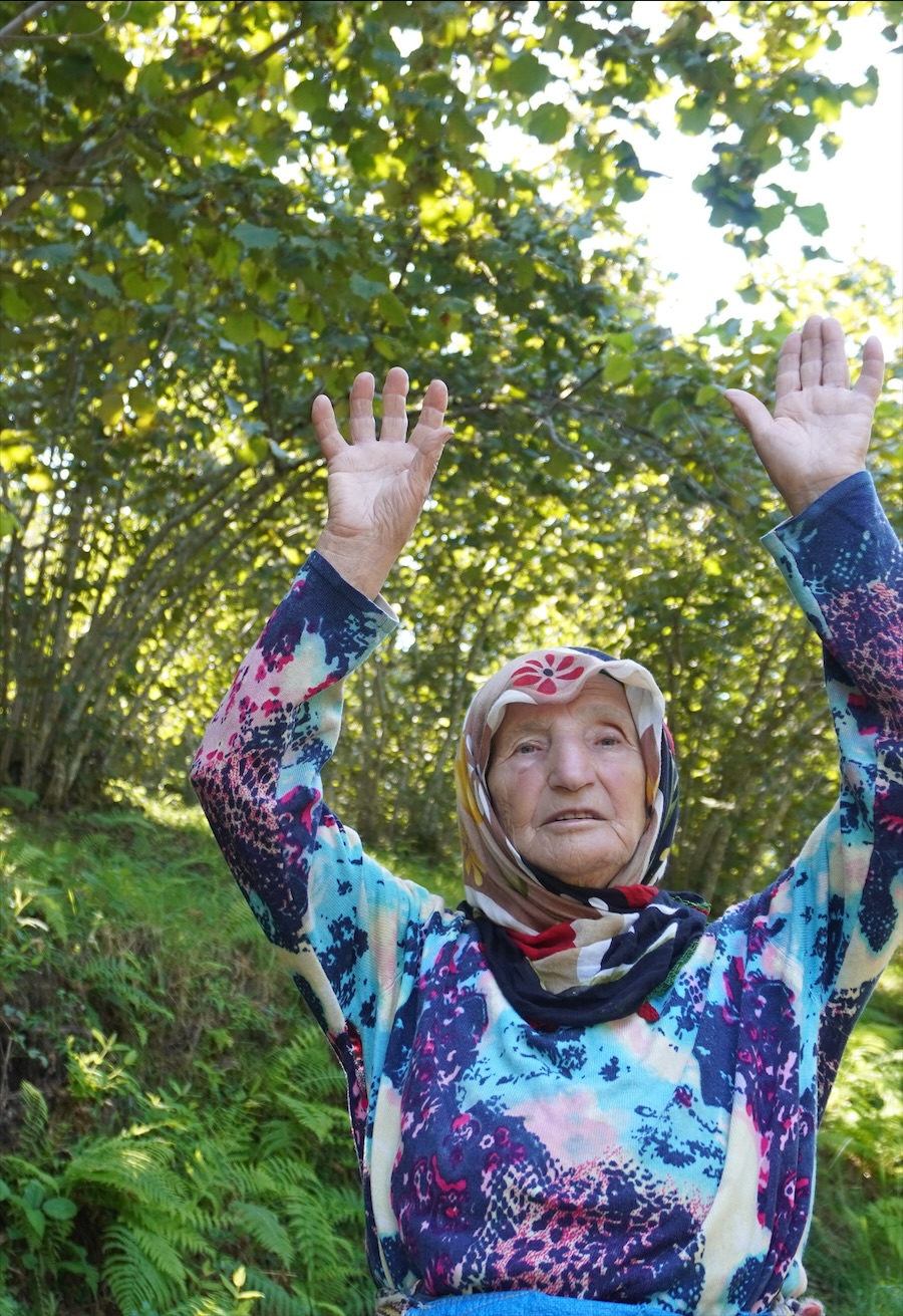 Haselnussbäuerin winkt fröhlich in einem Haselnussgarten bei Giresun